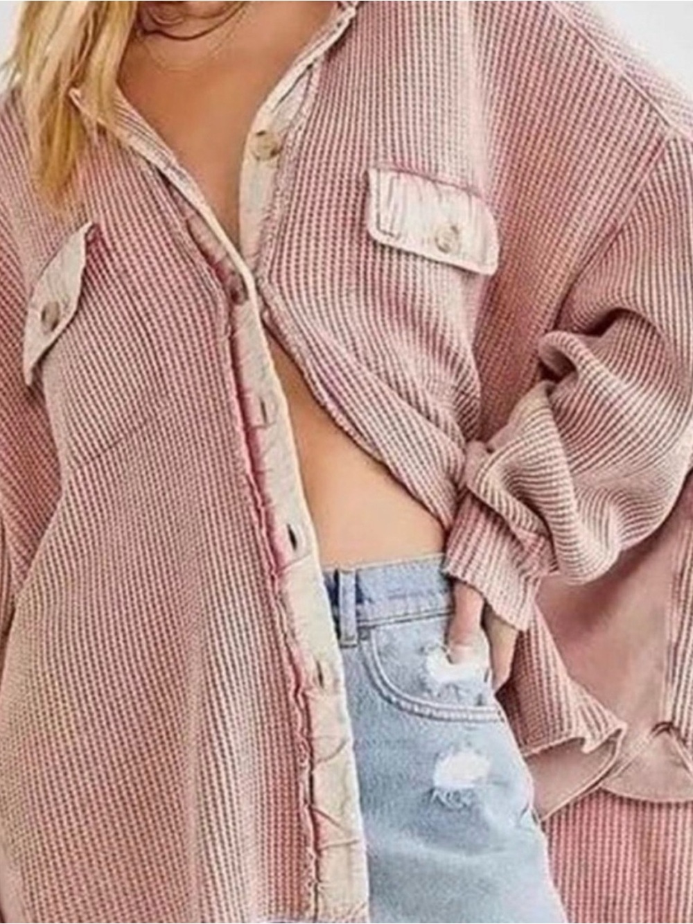 FP One Free People Pink Scout Jacket Waffle Knit Top Shirt Oversize Cotton L